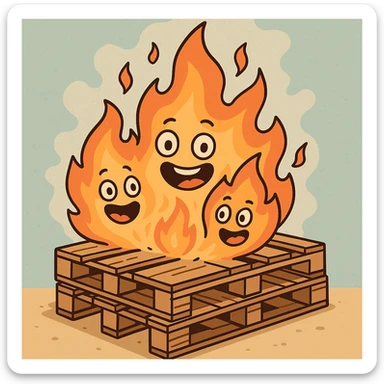 cartoonish pallet bonfire, wooden pallets ablaze, smiling flames, fun and lively, animated look sticker