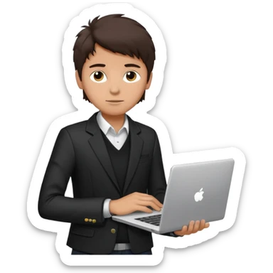a tan boy with messy dark brown hair. Wearing a blazer and carrying a lapotop. watch on wrist sticker