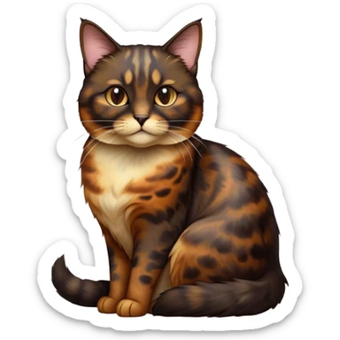 Cinematic Noble Tortoiseshell Cat Portrait Emoji, Poised and dignified, showcasing a luxurious, mottled fur of rich browns and blacks, with elegantly arched whiskers and a determined yet gentle expression, simplified yet meticulously detailed, glowing with a subtle, regal radiance, high shine, embodying quiet nobility and refined charm, soft glowing outline, capturing the essence of a sophisticated tortoiseshell cat exuding quiet authority! sticker