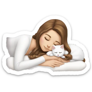 White girl brown hair sleeping with white kitty sticker