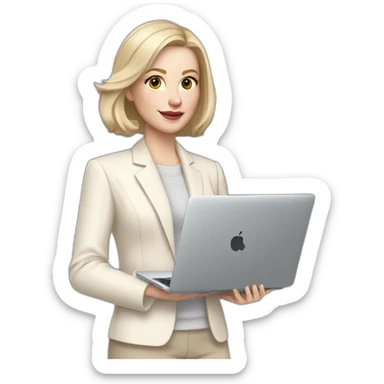 pale skin woman with ash blonde Straightened bob Hair, White Spacious classical jacket, beige palazzo Arrow pants and gray blouse holding a MacBook in the hands sticker