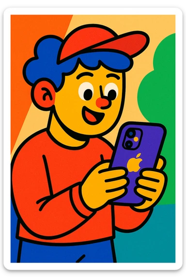 person using an iPhone, colorful, playful, cartoon style sticker