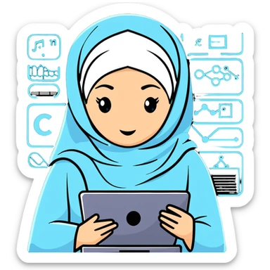 computer science woman with white hijab in blue outfit, with floating code elements, programming syntax, algorithms visualization, database schemas, software design patterns, command line interfaces, binary trees, and computational formulas surrounding her sticker