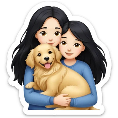 A girl with long black  hair tightly hugged a Golden Retriever sticker