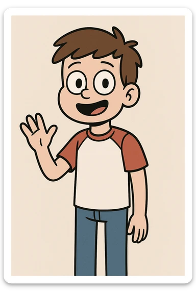 A boy brown hair black eyes red white shirt blue jeans a hand hello  sticker