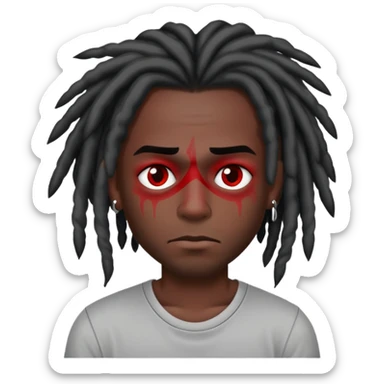 Dark skin tone gray short sleeve shirt black dreads red numb tattoo under his left eye sticker