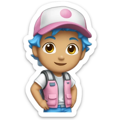 I want a drawing of a boy with a pokemon hat, blue hair, light skin tone, a white t-shirt with a blue pokemon vest and lead-colored shorts and white shoes with pink laces. sticker