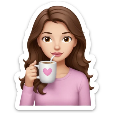 girl with wavy long brown hair, brown eyes, light to medium complexion, long lashes, light pink lipstick, wearing light pink shirt, sipping coffee sticker