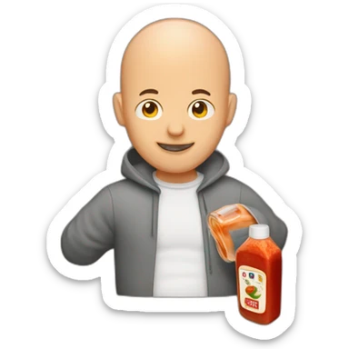 a bald guy hugging a spicy sauce bottle sticker