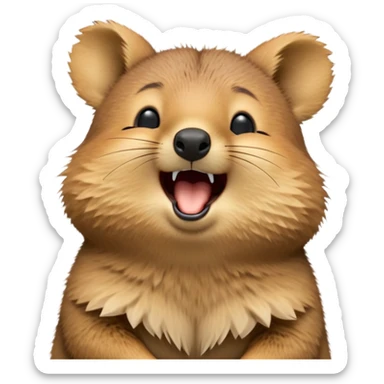 cinematic-realistic  yawning quokka-emoji,-small-round-frame, head tilted in an endearing manner, wouth wide open yawning, sleepy comical smile, round fluffy cheeks, giant-fluffy-cheeks-large-smile-fluffy-brown-fur-radiating-a-warm-softness,-big-round-eyes-filled-with-joy, realistic round  fluffy zoomed in, large black eyes one paw raised in the air sticker