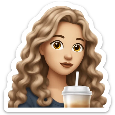 aesthetic white girl with brown wavy hair and brown eyes sipping an iced americano in a cute coffee shop  sticker