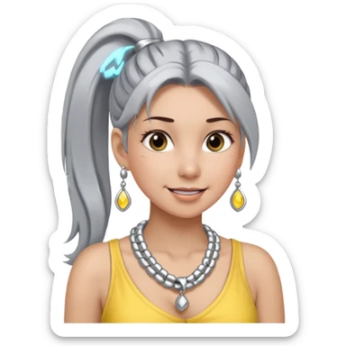 Female with very long + big Silver Necklace, grey skin,ponytail hair, more bright silver,highlight necklace, different expressions. sticker