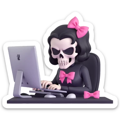 female Punisher skull character with pink bow working on computer sticker