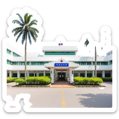 Bangkok hospital with tropical palm trees and Thai style entrance sticker
