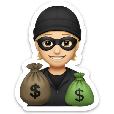 smiley robber wears black eye mask and black beanies with one money bag beside his right side sticker