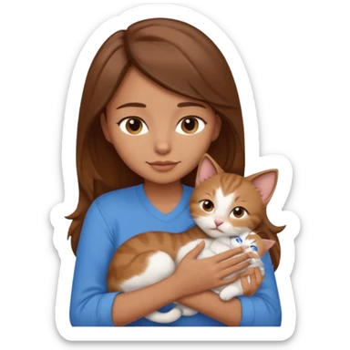 Create an emoji that has a girl wearing a blue shirt and brown hair snuggling a kitten. sticker