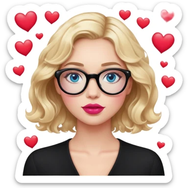 Blonde woman with short wavy hair, blue eyes and pink lips wearing black glasses, in love with read hearts floating above her sticker