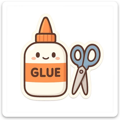 bottle of glue with orange label and tip and a pair of blue scissors, flat toon vector illustration sticker