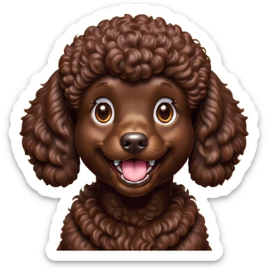 Cinematic Comical Chocolate Poodle Portrait Emoji, Head tilted dramatically with an exaggeratedly amused expression, featuring a glossy, curly chocolate Fur with a bouncy texture, wide, expressive brown eyes filled with playful disbelief, Simplified yet hilariously expressive features, highly detailed, glowing with a slightly sassy glow, high shine, dramatic yet playful, stylized with an air of cheeky mischief, bright and endearing, soft glowing outline, capturing the essence of a spirited and over-the-top companion, so meme-worthy it feels like it could side-eye its way into internet fame instantly! sticker