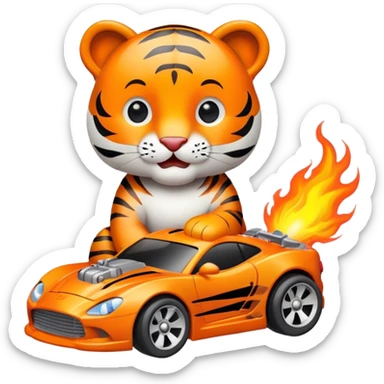 cute tiger holding toy hot wheel car with THE CAR wheels on fire sticker