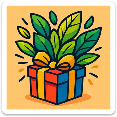 leaves bursting out of a gift box, vibrant and lively sticker