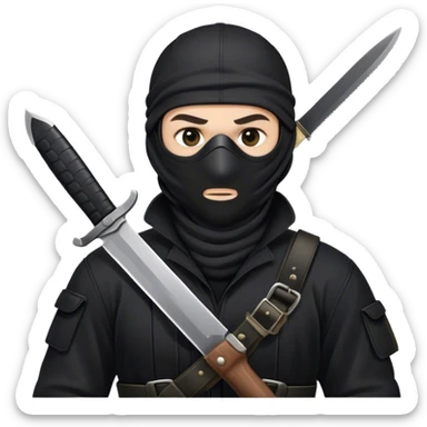 Guy wearing all black with mask on his whole head showing his eyes only and has leather straps on his shoulders coming down and he has military knife with one hand sticker