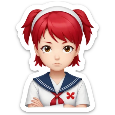 Serious anime girl with short bright red hair wearing Japanese sailor style school uniform, stern expression with arms crossed, focused and determined look sticker