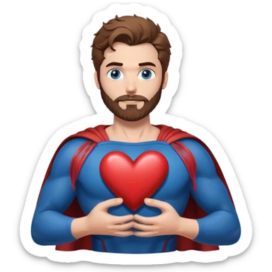 Adult-tall-full body- Superman-with redish brownish messy hair-full neatly trimmed beard-blue eyes-holding a heart with both hands sticker