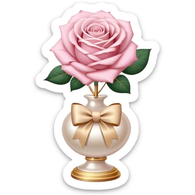 Realistic aesthetic powder pink rose in a pearl vase and a beige bow with gold decoration  sticker