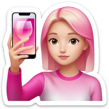 girl taking selfie, transparent glass with bright pink gradient from #FF335F to #FF99AA, highlights and reflections, minimalistic sticker