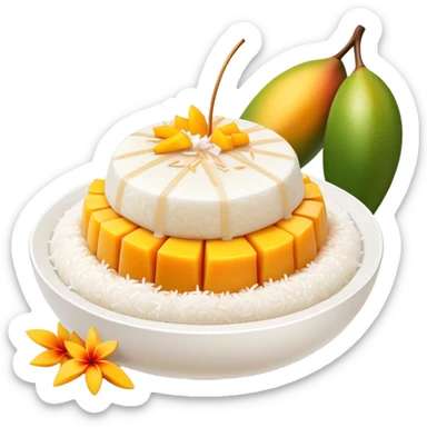 cinematic-realistic-mango-sticky-rice-dessert-emoji,-showcasing-sweet-sticky-rice out of a mould-paired-with-ripe-mango-slices-and-coconut-milk-rendered-with-lifelike-detail-and-warm,-inviting-lighting with the coconut  milk over the rice sticker
