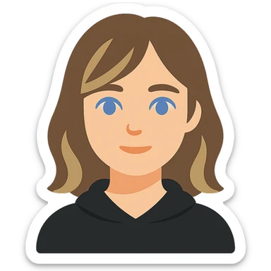 designer girl with blue eyes, shoulder-length brown hair with blonde highlights, wearing a black hoodie sticker