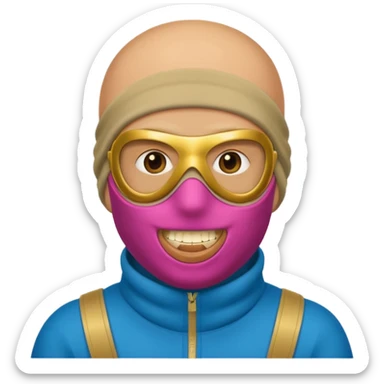 A bald guy wearing a ski mask with gold teeth sticker