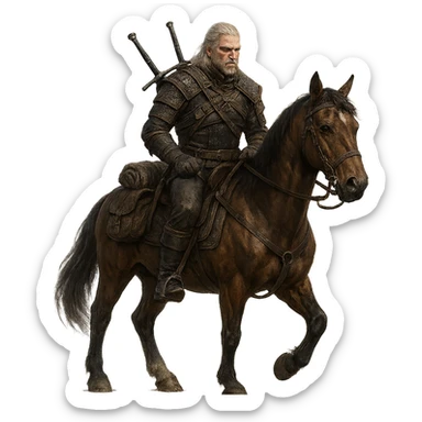 Witcher character in the style of The Witcher series, riding a horse. sticker
