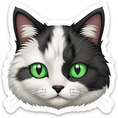 This fluffy cat has a black and white coat with a white face marked by a black patch over the forehead, bright green eyes, and a black nose bridge sticker