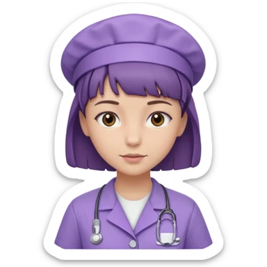 A young female slim nurse with short Brown hair with fringe over her forehead, wearing larvendar purple working cloth, without nurse cap sticker