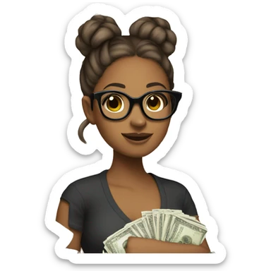 Sassy Brown girl holding money with glasses on and her hair in a bun sticker