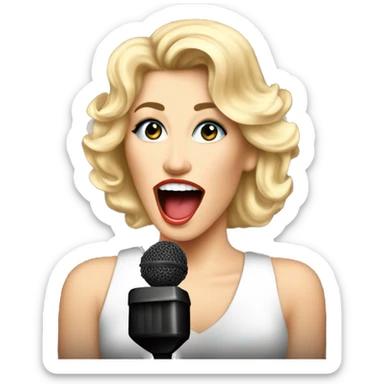 Beautiful Singer female with blond hair big volume 80's style, singing on the stage with microphone.  Retro rock 80-90's sticker