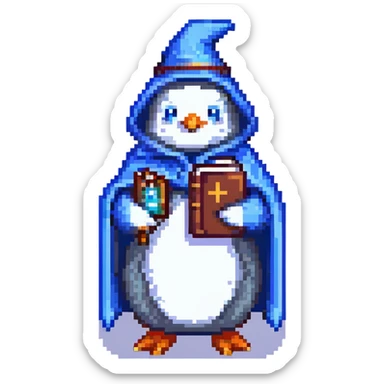 pixel art penguin wizard with a blue cloak and a tiny spellbook sticker