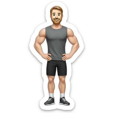 Full height realistic Actively gesturing with hands Pale skinned Fit Man With the biceps and brown hair in dark gray Sleeveless Mike, black oversize sports shorts, watch and white Sneakers sticker
