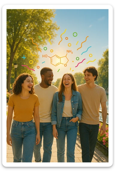 a group of friends strolls along a riverside promenade on a bright, sunny day. Their expressions are joyful and relaxed, and the sunlight creates a warm, golden glow. Above them, faint, colorful lines or icons represent the release of beneficial dopamine. The background is vibrant and full of life. sticker