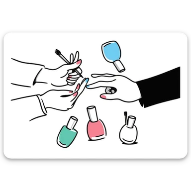 manicure scene with hands, painted nails, and nail polish bottles in pastel colors dd9fb0, ffc6d3, a3bfc9, c4bee2, f1b091, hand-drawn doodle style sticker