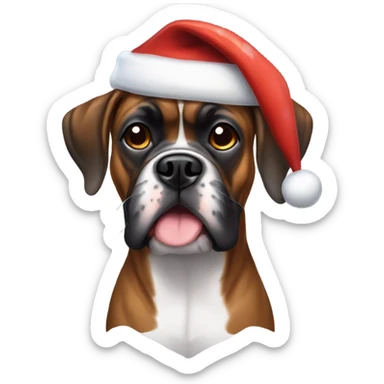 Brindle Boxer dog wearing a Santa hat sticker