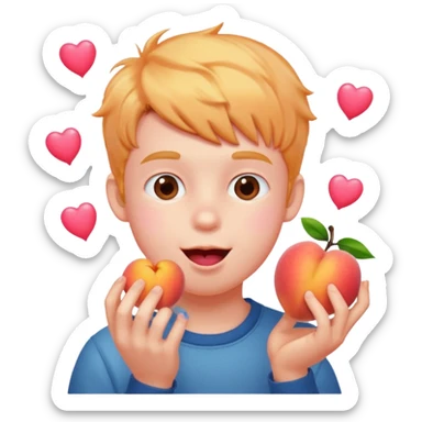 Cute boy eating a peach, pink hearts floating  sticker