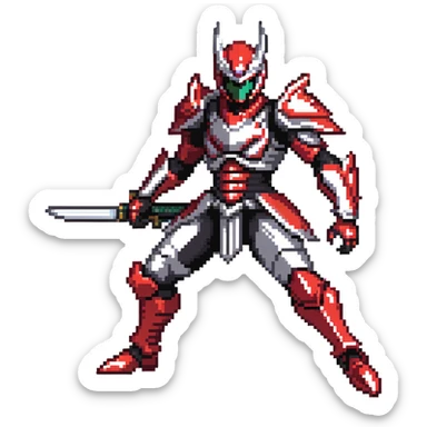 Kamen Rider Ryuki in full red and silver armor with black underlayers, silver dragon-themed helmet with sharp visor slits, intricate scale-like paneling, in a defensive yet ready pose, facing a lunging mirror monster sticker