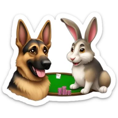 A German shepherd and a rabbit playing poker sticker