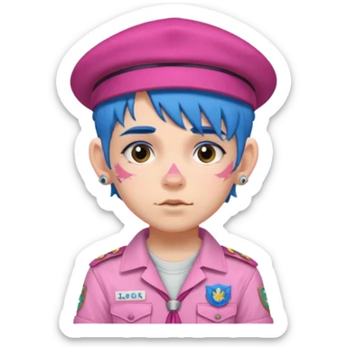 scout boy with very pink scout uniform, blue haired and hat, heavy face attoed sticker