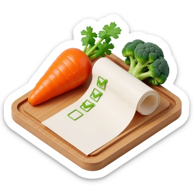carrot tomato brocoli on the wooden cutting board with floating rolled paper list with green checkboxes sticker
