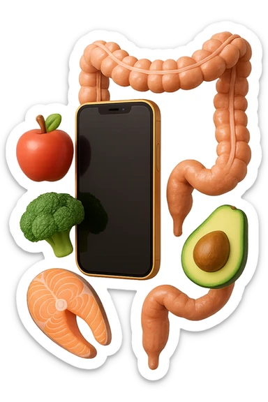 emoji stile iphone in 3d di cibo sano che fluttua in aria vericalmente insieme ùa pezzi di colon umano anatomico, iperrealistico 4k sticker