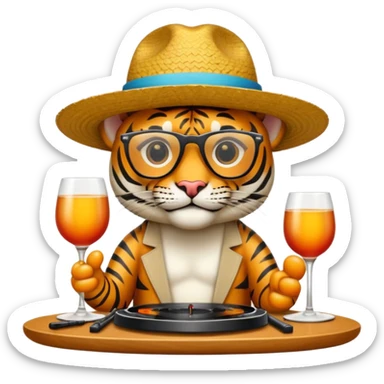 Un tigre con sombrero estilo cubano, una mesa de dj y gafas de sol sticker